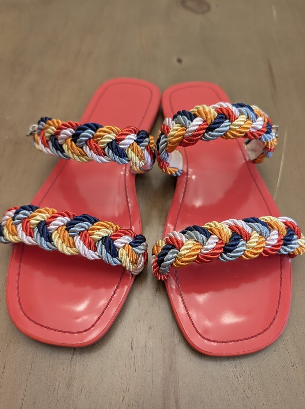 New Kate Spade Valentina Red Braided Multi-Color Strap Slide Sandals Size 7.5